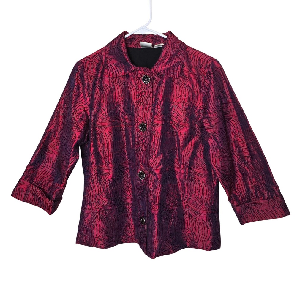 BLEU BAYOU Vintage 100% Silk Jacket Womens M Magenta Purple Abstract Embroidered
